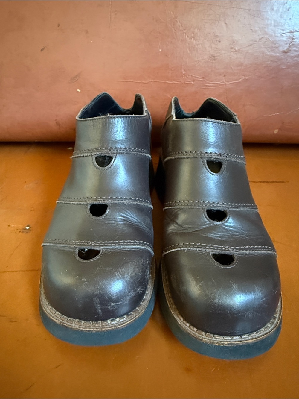 Dark Brown Leather Platform Clog Shoes - Picture 2 of 7